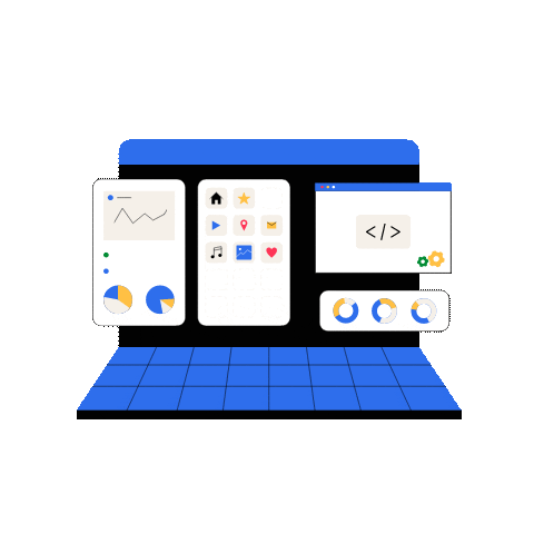 An animated image showing various websites in different sizes in front of a computer